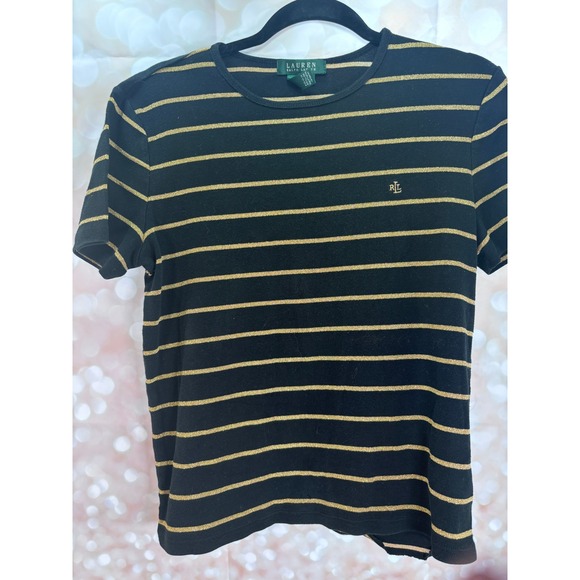 Lauren Ralph Lauren Black & Gold Stripe Short Sleeve T-Shirt with RL Logo - Picture 1 of 5
